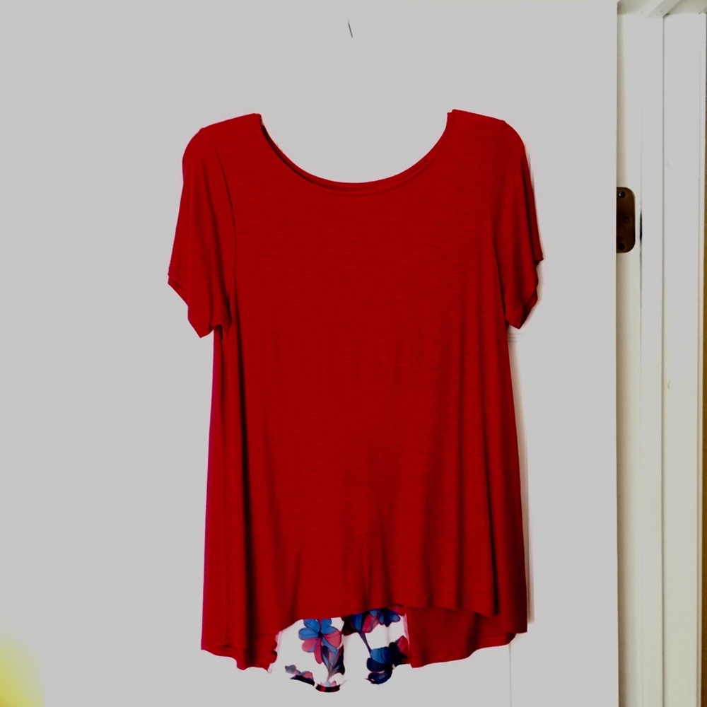Anthropologie red T-shirt scarf fabric insert on back.  Med